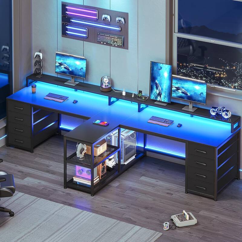 94.5" Two Person Desk with 8 Fabric Drawers Gaming Desk LED Lights - Black