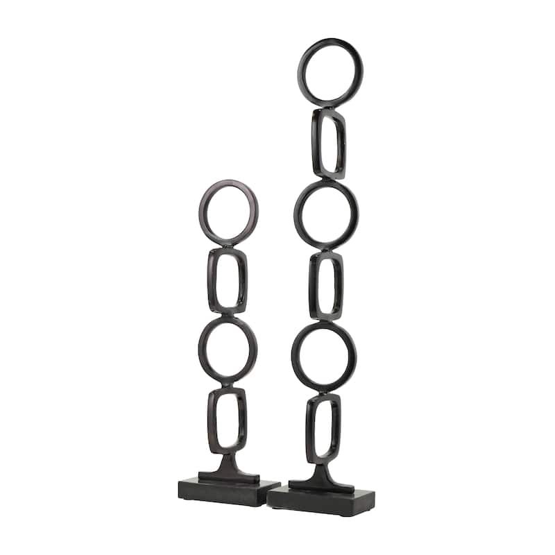 Silver, Gold or Black Aluminum Stacked Geometric Rings Sculpture with Marble Bases (Set of 2)