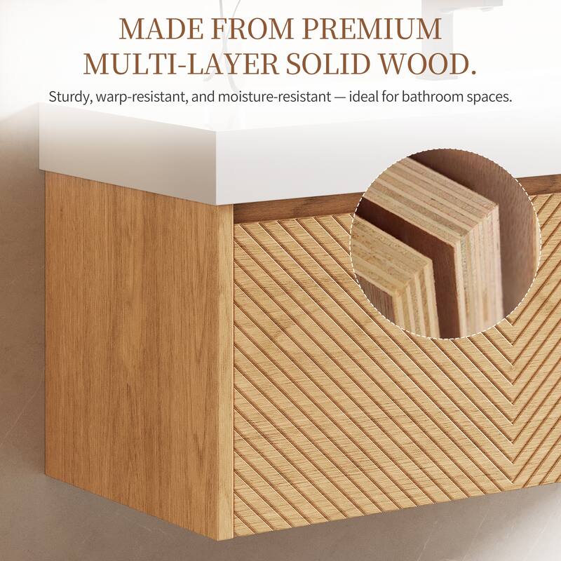 48" Modern Floating Single Bathroom Vanities, Solid Wood, Brown or natural wood, 2 Drawers
