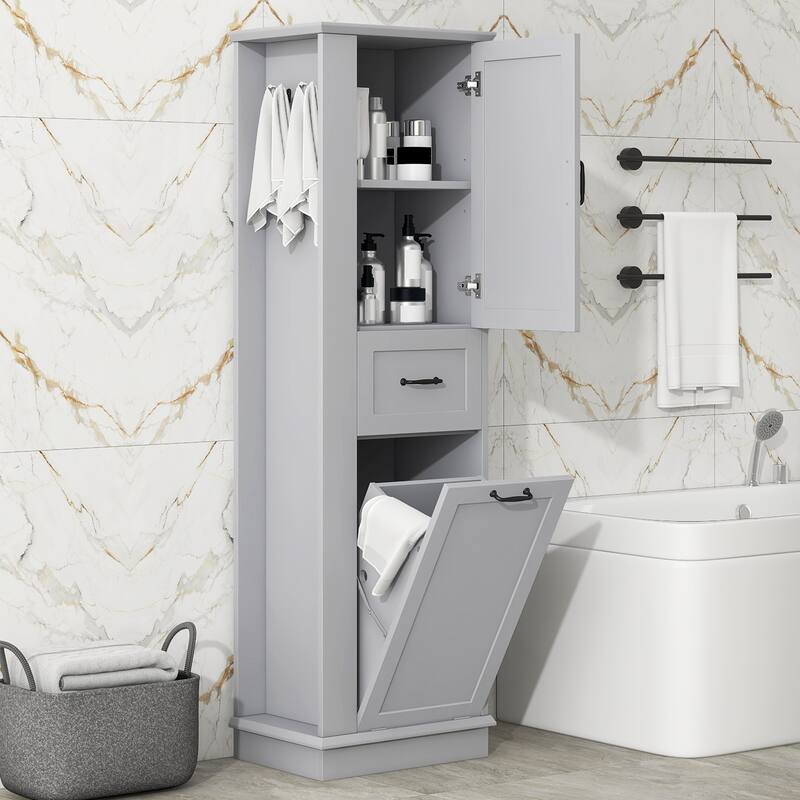 GDFStudio - Lucas Bennett Modern Tall Storage Cabinet with Tilt-Out Compartment and Adjustable Shelving - Gray - Tall Storage Cabinet