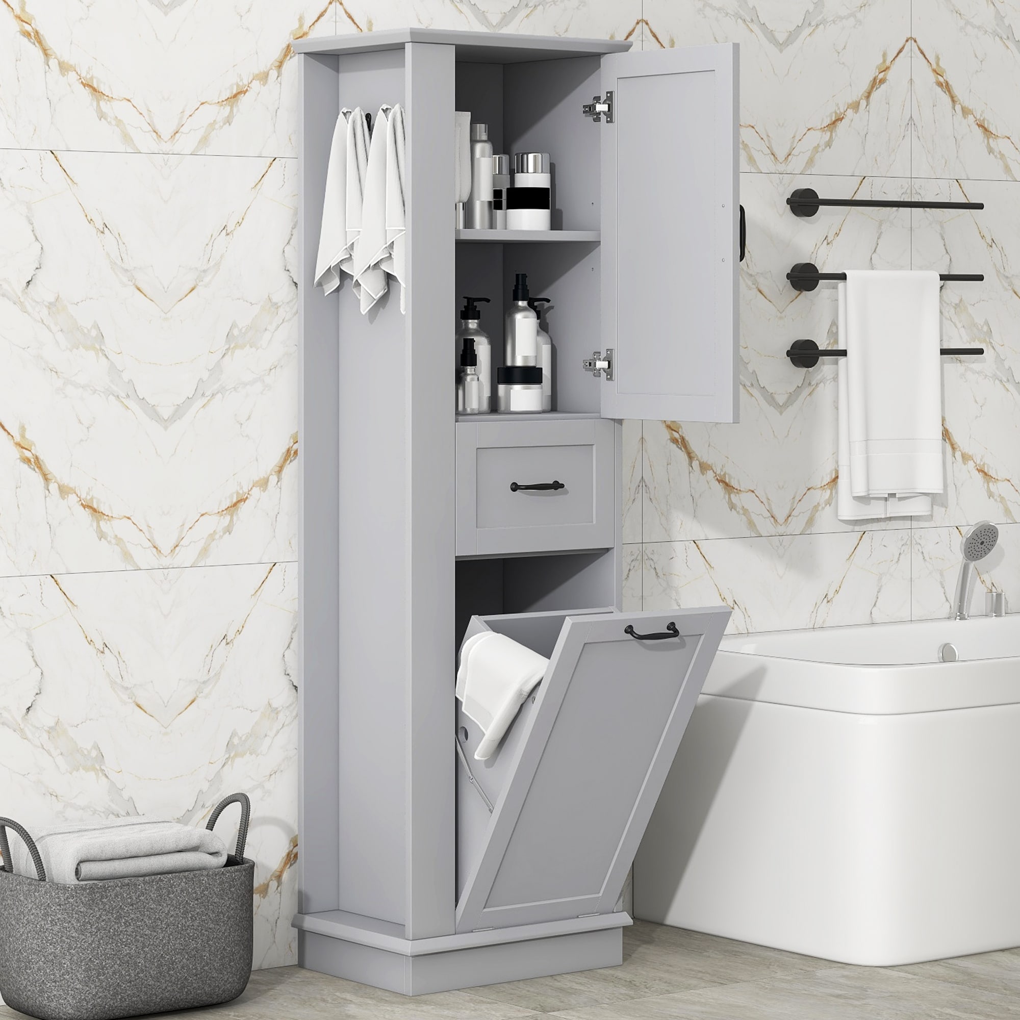 Roomfitters 67" Tall Modern Storage Cabinet with Tilt-Out Compartment and Side Hooks