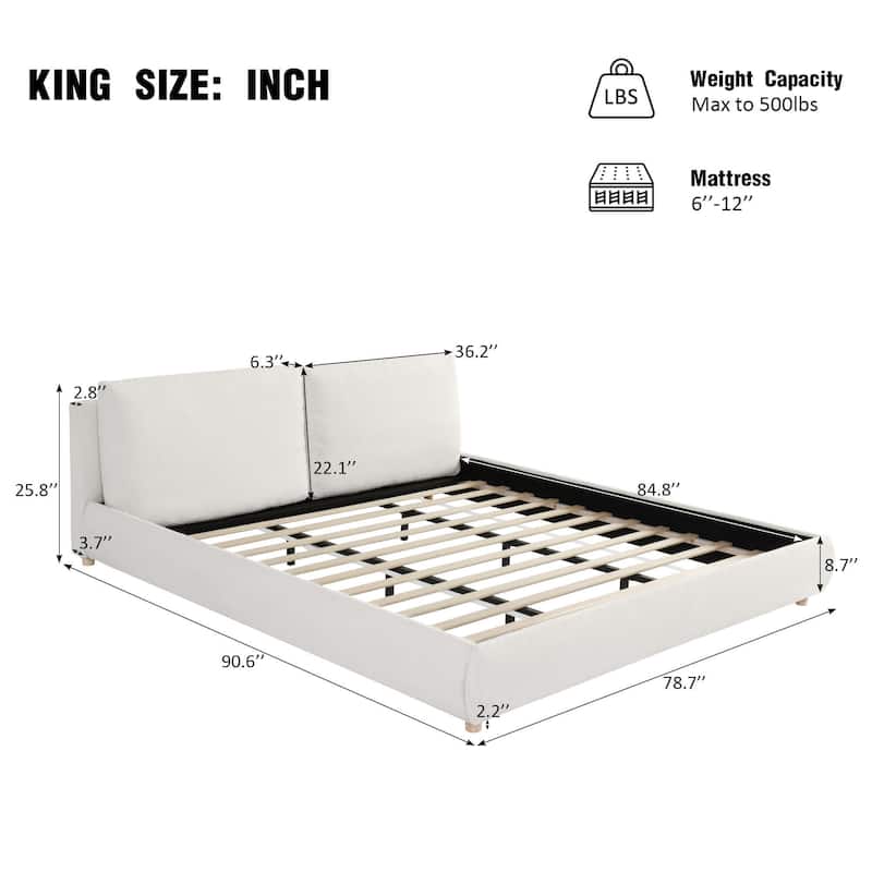 Boucle Fabric Upholstered Platform Bed with Two Removable Pillow Headboard