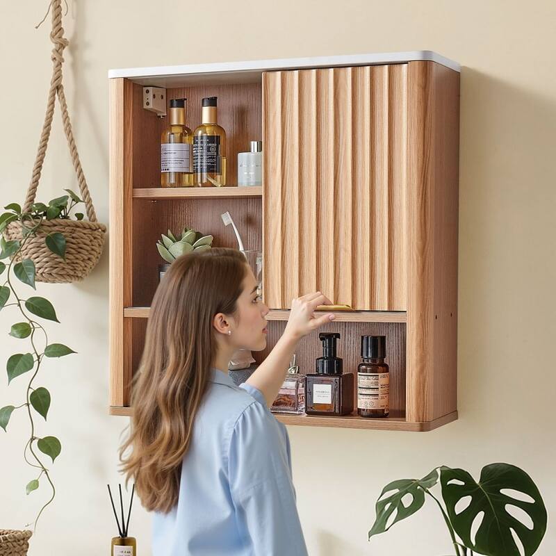 Natural MDF Wall Mounted Bathroom Cabinet with Adjustable Shelves and Doors for Small Space - 23” x 7” x 24”