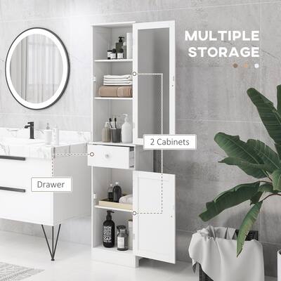 Slim Bathroom Storage Cabinet White Narrow Linen Tower Tall Bathroom Cabinet with Acrylic Door and Pull-out Drawer