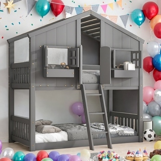 Twin over Twin House Bunk Bed with Roof, Window and Door, Grey