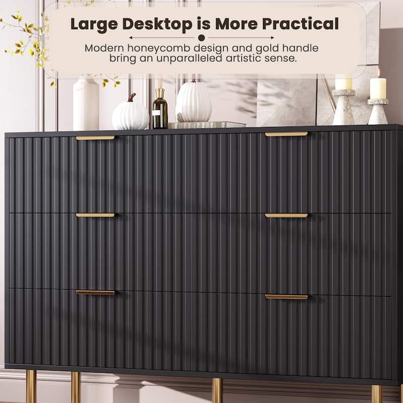 6 Drawer Fluted Dresser for Bedroom, Wide Modern Chest of Drawers, Long Double Dresser