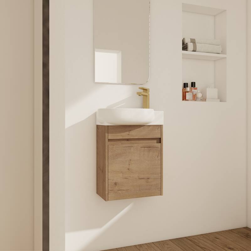 Compact Bathroom Vanity with Sink, Oval Single Ceramic Sink Bathroom Cabinet for Small Bathroom - Imitative Oak - 16.8 Inch