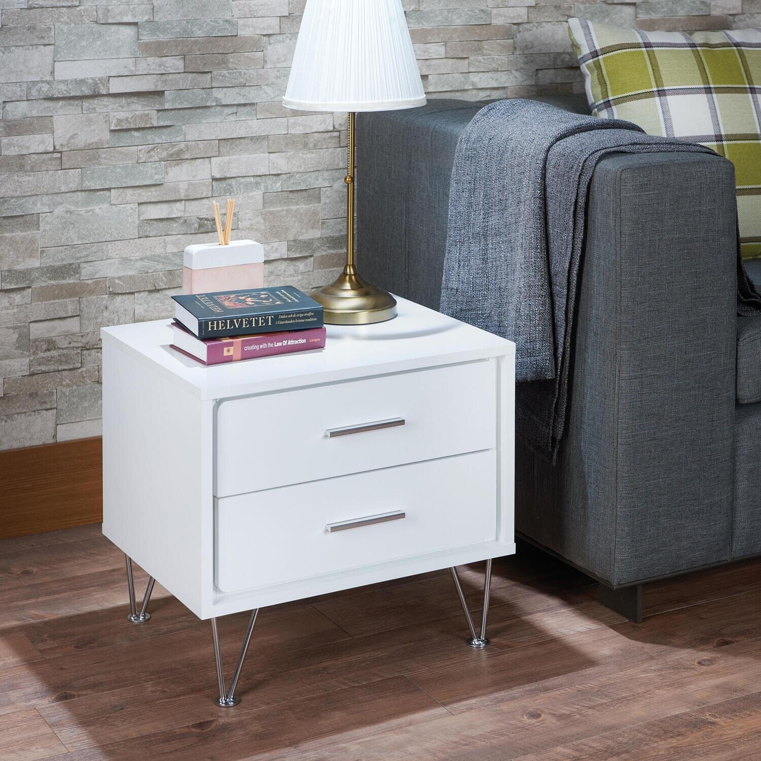 White and Chrome 2-Drawer Nightstand with Stylish Legs for Modern Bedroom Decor