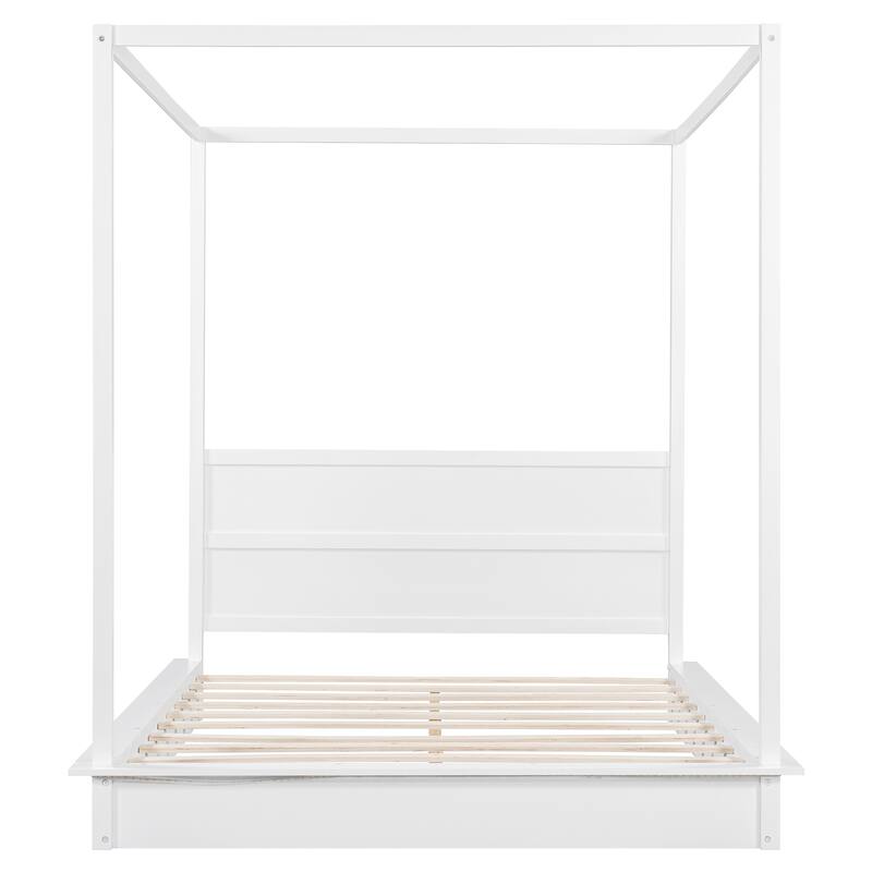 Queen Size White LED Canopy Platform Bed with Support Slats, No Box Spring Needed