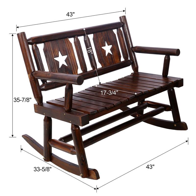 Heavy Duty 2-Person Outdoor Rocking Bench, Carbonized Wood for Porch