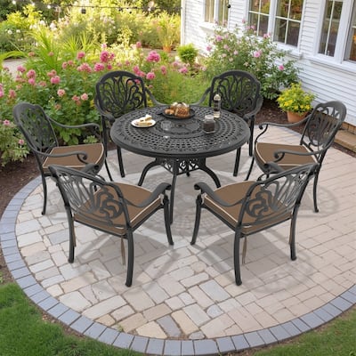 7-Piece Cast Aluminum Outdoor Dining Set with 47.24 in. Round Table and Seat Cushions