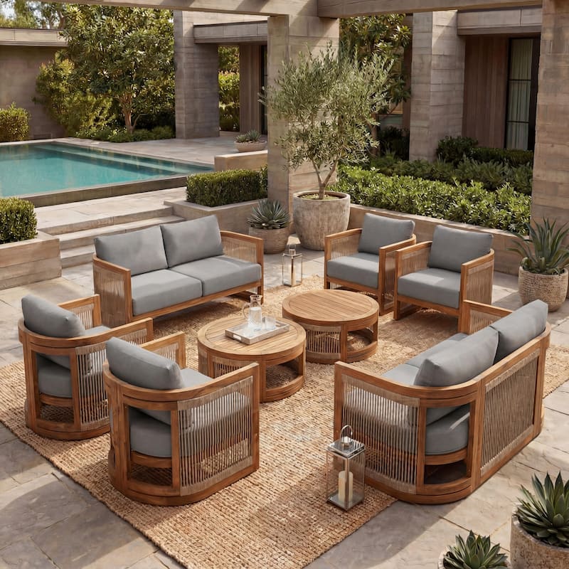 Christopher Knight Home - Outdoor 8-Piece Acacia Wood Patio Conversation Set with Rope Weave and Slatted Coffee Tables - Grey+Brown