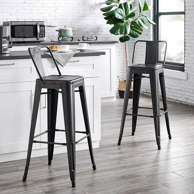 2-Piece 30" Industrial Bar Stool Set - Distressed Black with Bucket Back