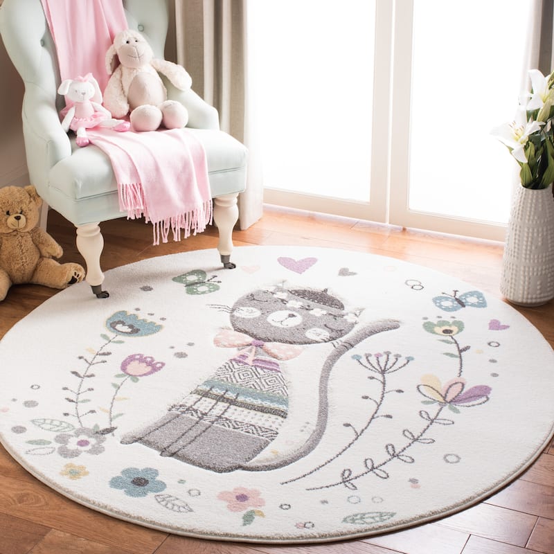 SAFAVIEH Carousel Kids Donika Parisian Cat Rug - 5'3" Round - Ivory/Pink - Round