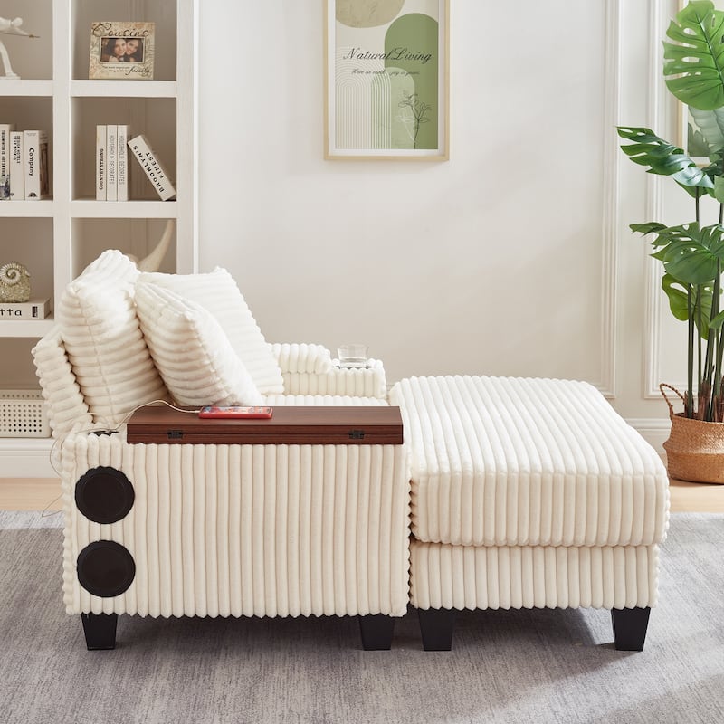Versatile Chaise Lounge Single Sofa Chair with Ottoman, Swivel Table, Storage Armrest, Cup Holder, Bluetooth Speaker and USB