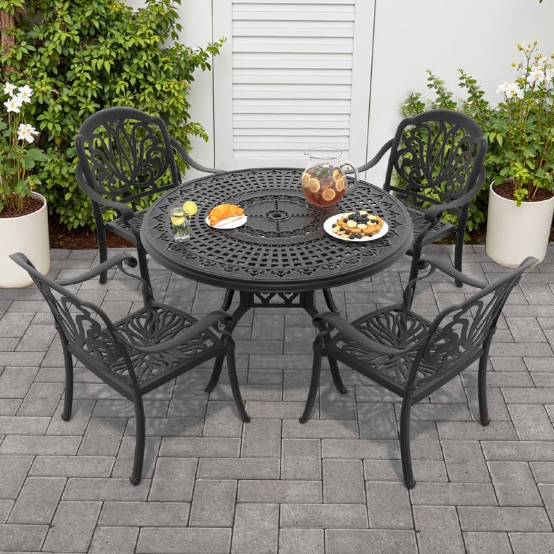 5/7-Piece Cast Aluminum Outdoor Dining Set with 47.24 in. Round Table and Seat Cushions
