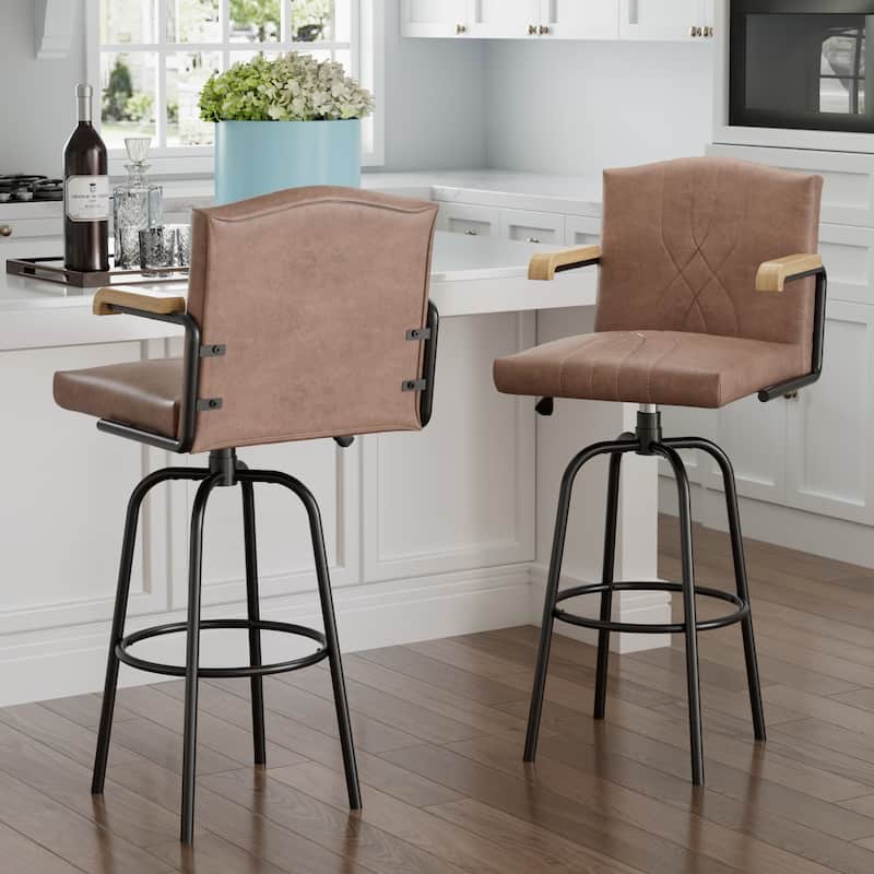 VECELO Set of 2/4 Velvet Bar Height Stools with Back, Upholstered Seat, Wood Armrests, Metal Legs, 30" Tall Bar Chairs
