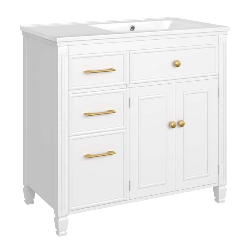 36" Bathroom Vanity with Sink, Ceramic Sink, One Tip-out Drawer, 3 Side Drawers, Adjustable Shelf