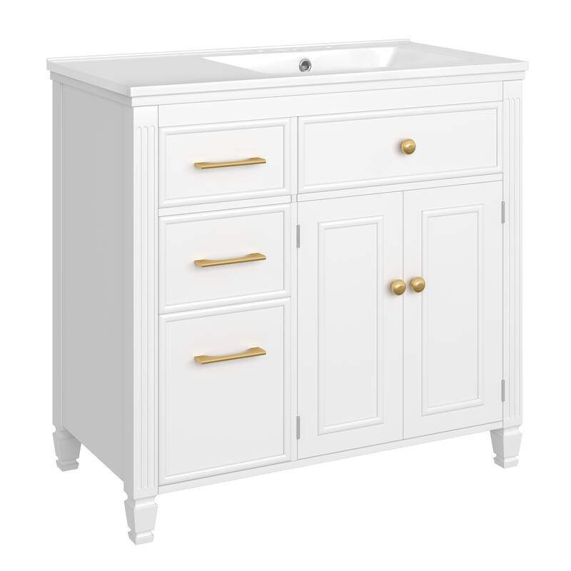 Roomfitters Bathroom Vanity with Sink, Ceramic Basin with One Tip-out Drawer, Three Side Drawers and Adjustable Shelf