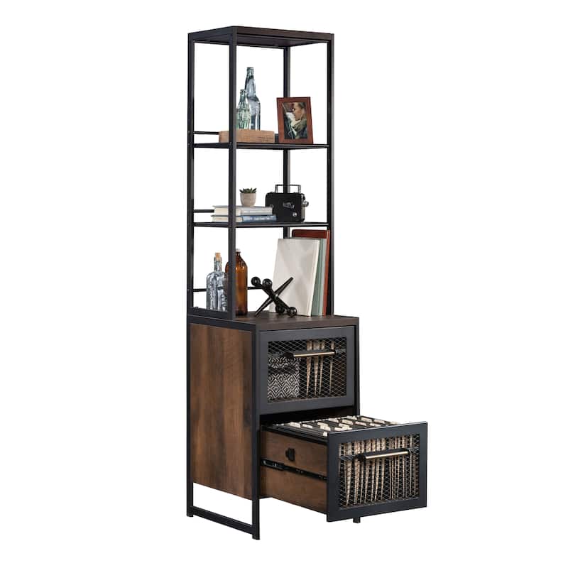 Wood Narrow Bookcase with Modern Design, Brown - 18.35" W x 18.50" D x 71.97" H