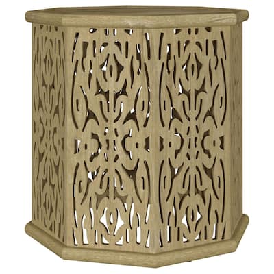 Ores Accent Side Table with Intricate Carvings, Brown Mango Wood