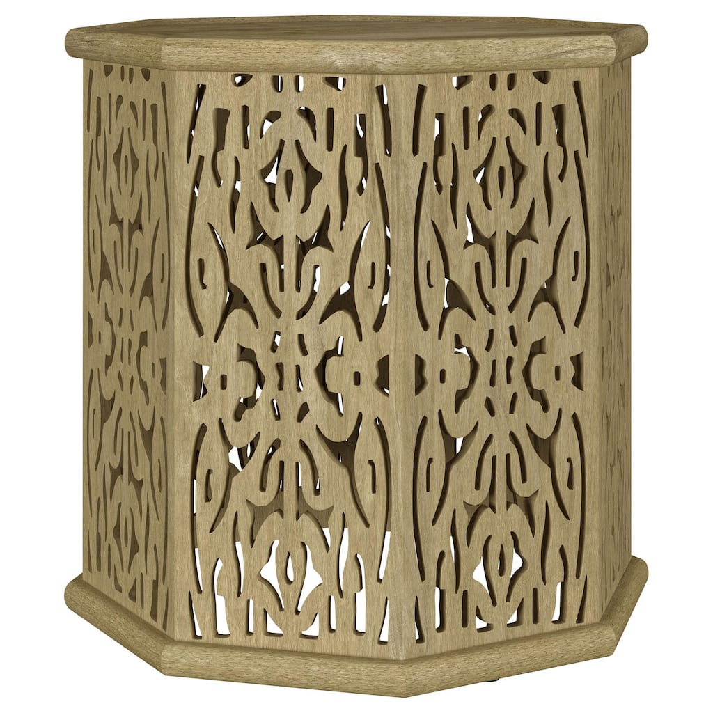 Ores Accent Side Table with Intricate Carvings, Brown Mango Wood