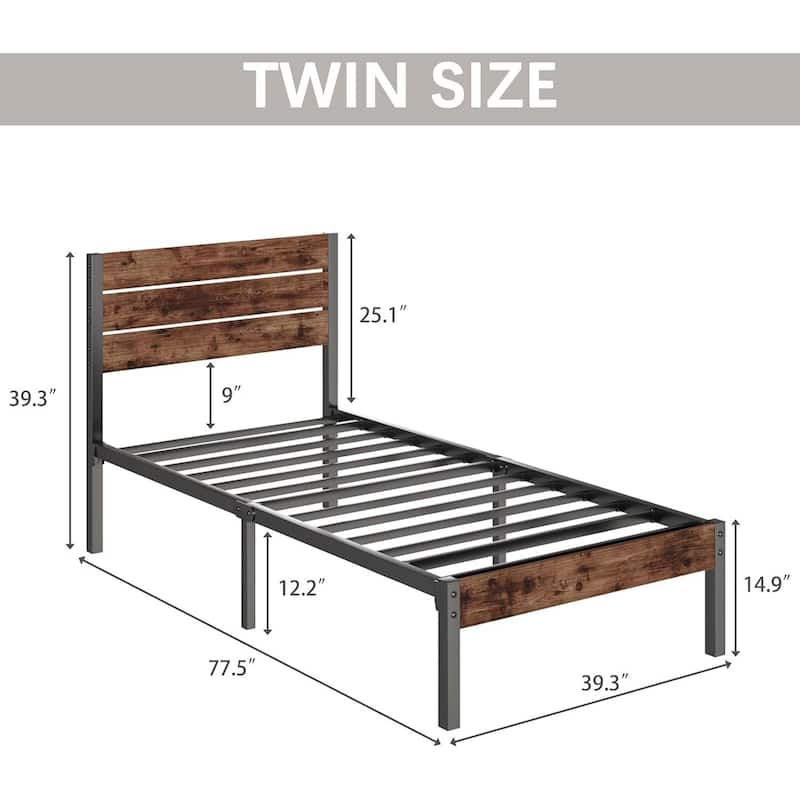 Brown Wood Headboard Platform Bed Frame with Sturdy Metal Design