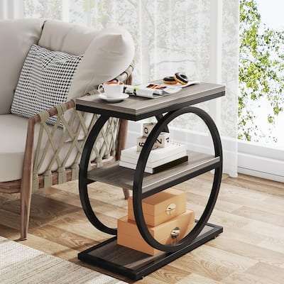 Narrow End Table with 3 Storage Shelves, Wood Side Table for Living Room