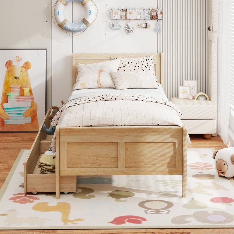 Twin Size Wooden Sleigh Platform Bed with 2 Under-Bed Drawers Included Headboard and Footboard