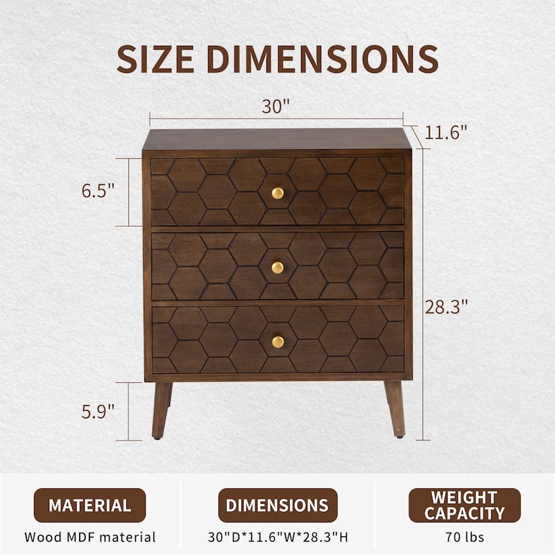 SUNBURY Solid Wood Brown Nightstand with 3-Drawers