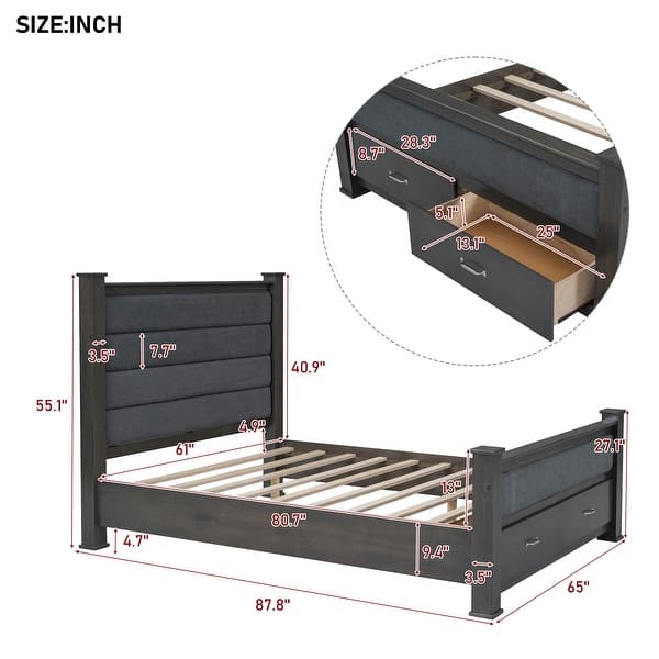 dimension image slide 0 of 2, Queen Size Platform Bed with Upholstered Headboard and 2 Drawers, Antique White
