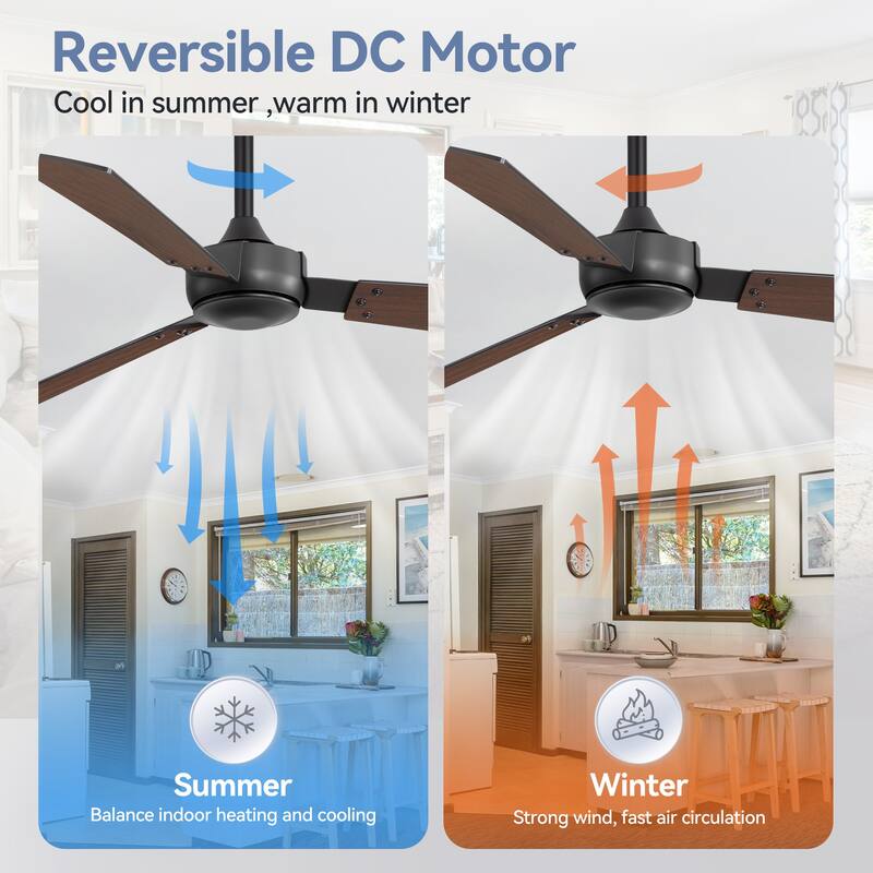 2 Set 52-inch Reversible 3-Blade Ceiling Fan No Light with Remote