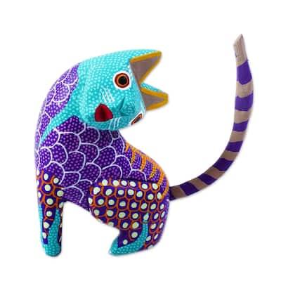 Novica Handmade Crazy Cat Wood Alebrije Figurine