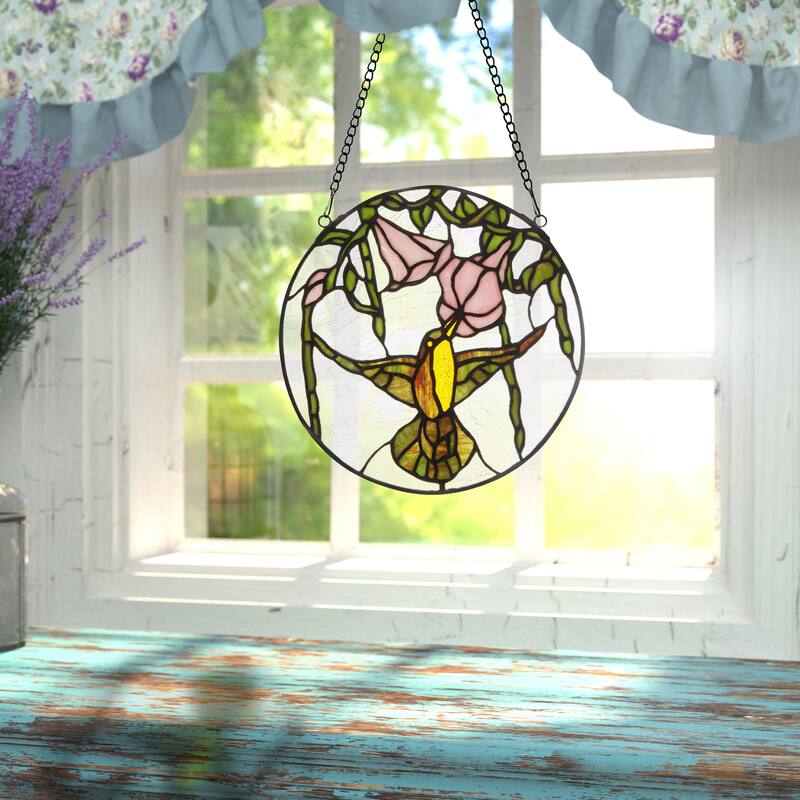 Hummingbird and Hibiscus River of Goods Multicolored Stained Glass Suncatcher Window Panel - 10" x 0.25" x 10"