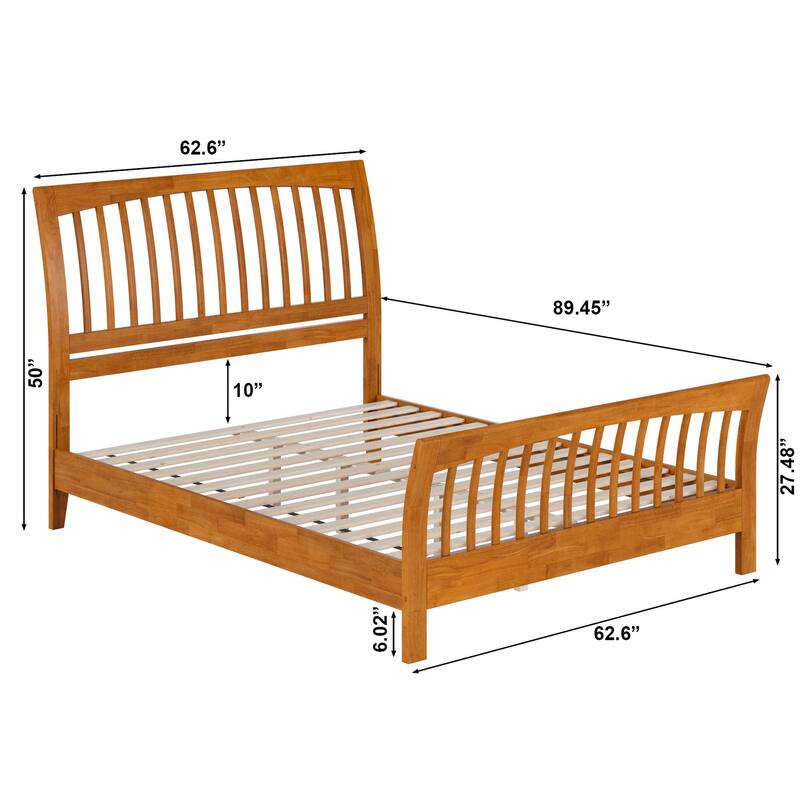 Solid Wood Low Profile Platform Bed - Light Toffee Finish - Sleigh Headboard & Footboard - Queen & King Sizes