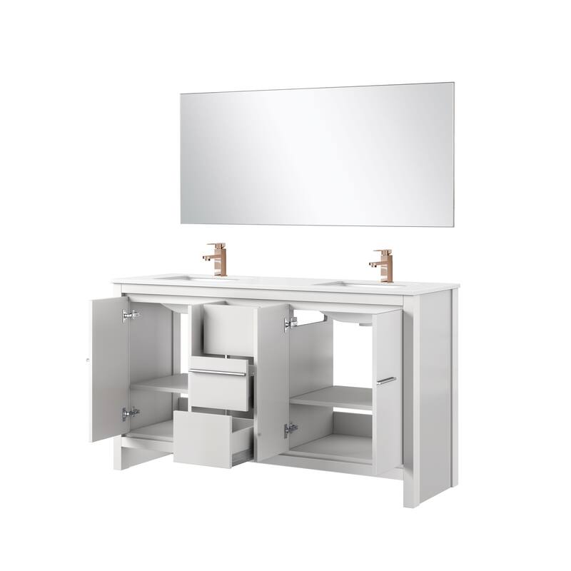 Lafarre Bath Vanity with Cultured Marble Top, Sink, Mirror and Rose Gold Faucet