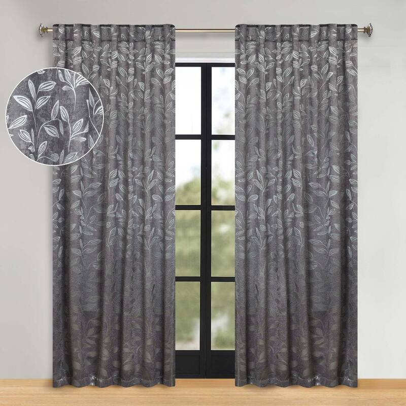Superior Leaves Machine Washable Room Darkening Curtains with Back Tabs, Set of 2 - 52" x 84" - Nickel Black