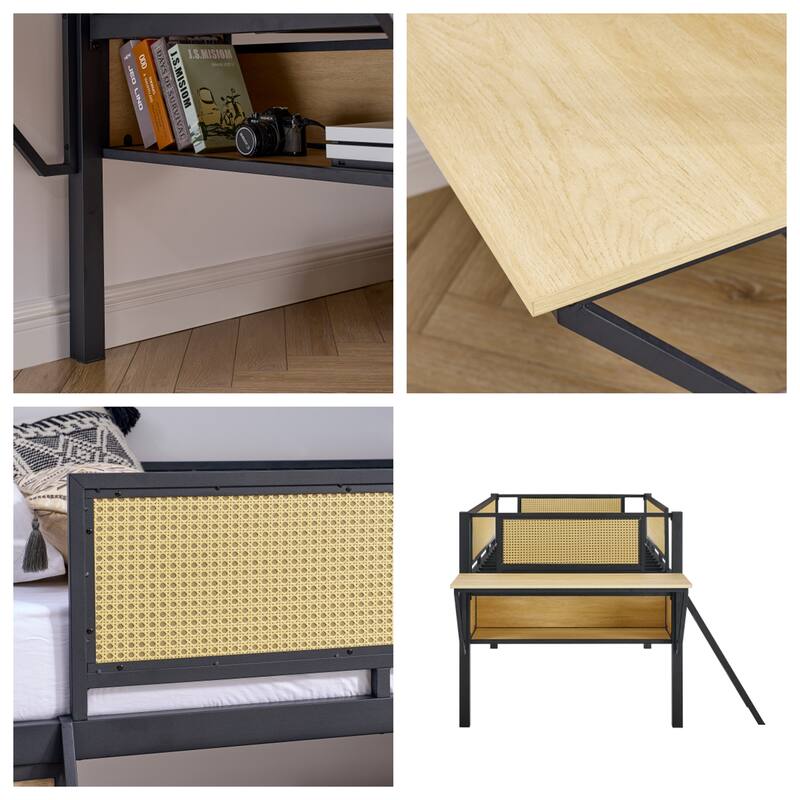 Twin Size Metal LED Loft Bed with Rectangular Desk and Storage Shelves