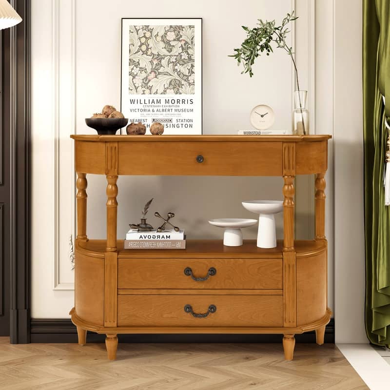 Retro 43" Curved Wood Console Table with 3 Drawers and Open Shelf, Sofa Table Behind Couch for Living Room and Hallway Storage - Brown