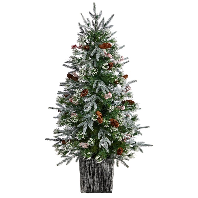 4Ft Frosted Christmas Tree with Lights & Berries - Holiday Decor Indoor Tree in Planter - Green - 48