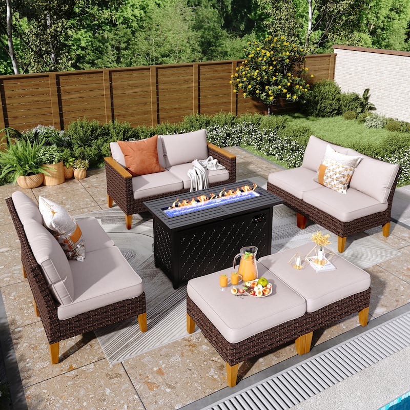8-Piece Patio Outdoor Wicker Sectional Sofa Set, Large Seating Furniture Conversation Sets with Fire Pit Table - 8-Seat - Type C