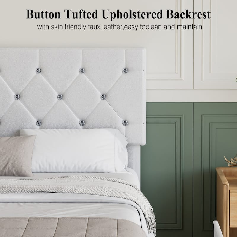 VECELO Bed Frame with Storage Drawers Leather Upholstered with Diamond Tufted Headboard Solid Wood Slat Support