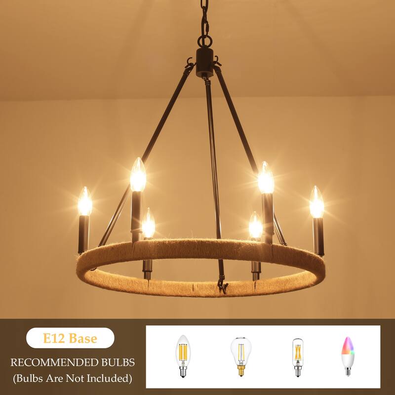 6-Light Rustic Hemp Rope Wagon Wheel Chandelier for Bedroom Foyer Entryway