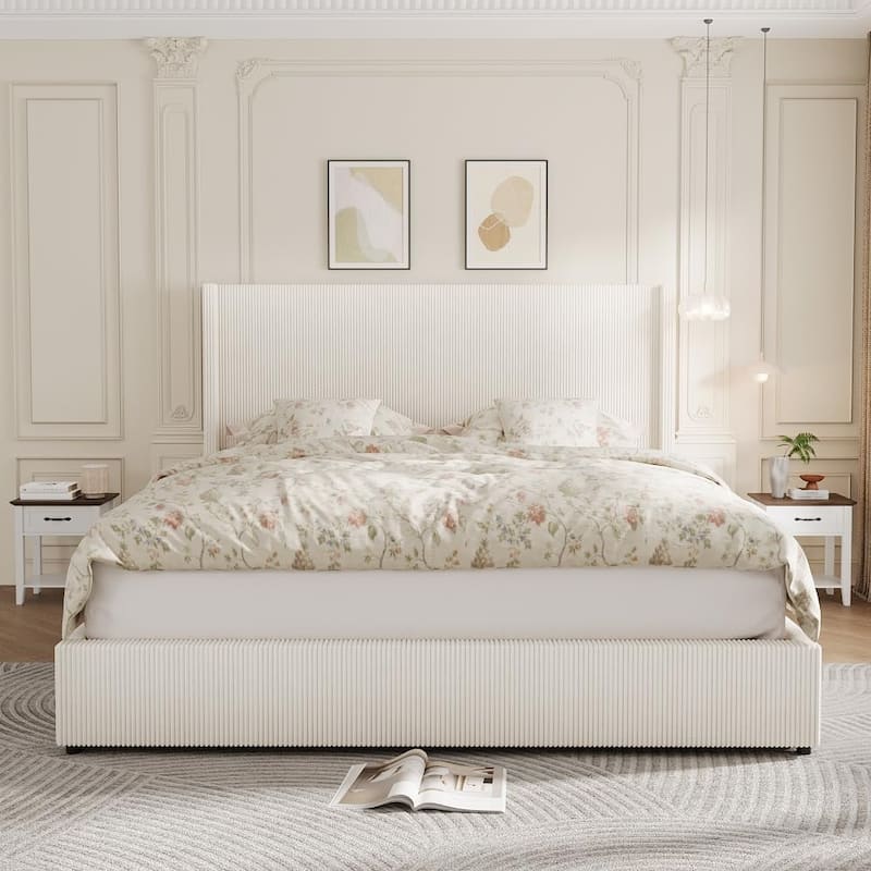 Upholstered Platform Bed Frame with Storage Drawers and Tufted Wingback Headboard, Easy Assembly