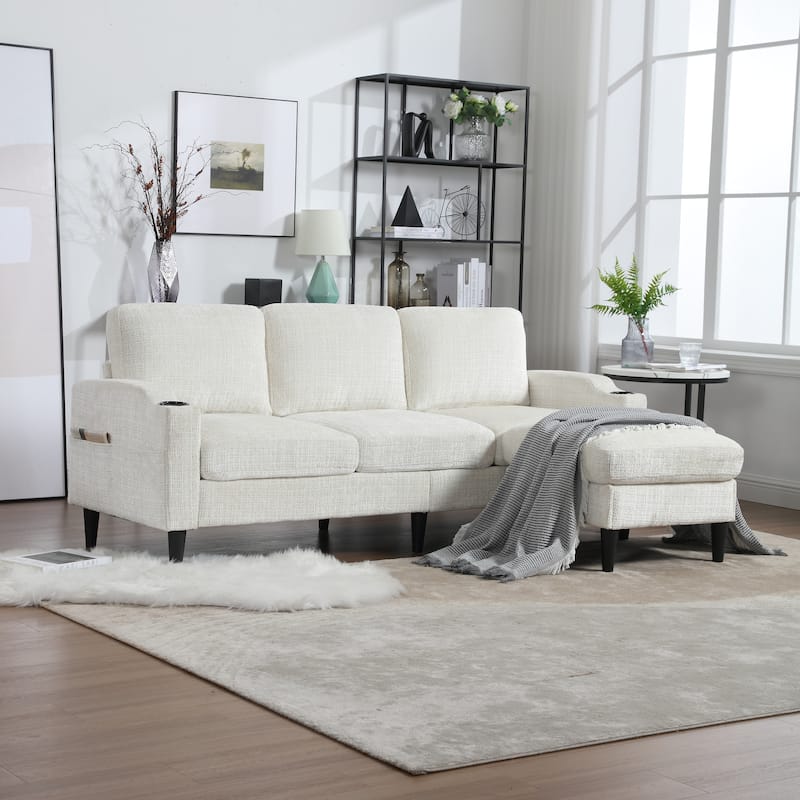 Chenille Deep Seat Couch with Chaise, L-shaped Sectional Sofa with Storage Ottoman, Cup Holders and Side Pockets for Living Room