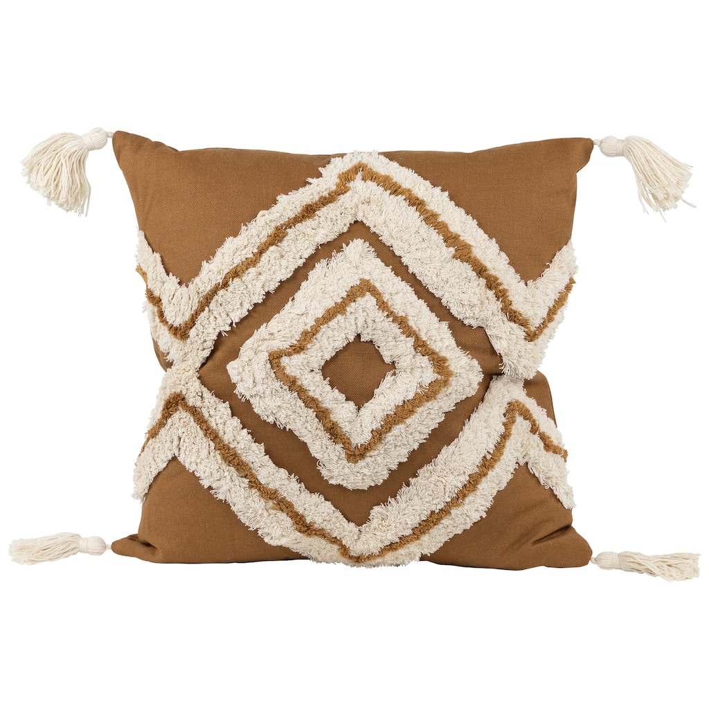 16" Camel Brown Boho Square Cotton Throw Pillow with Tassels