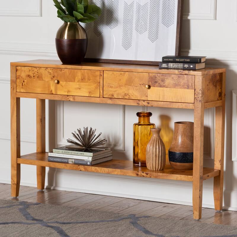 Ghina Modern and Contemporary Natural Light Mappa Real Burl Wood 2-Drawer Console Table
