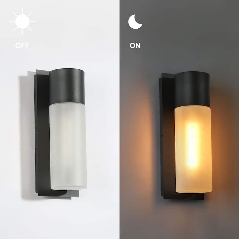 Aluminum 1-Light Modern Black Outdoor Cylinder Wall Sconce Dimmable Exterior Frosted Glass Wall Light