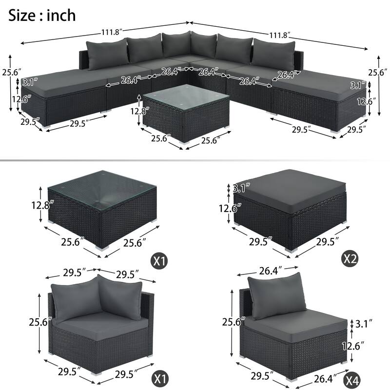 L-shape Sectional Sofa Patio Furniture Sets 8-Pieces Conversation Set Wicker Sofa Set Convertible Recliner Couch with Table