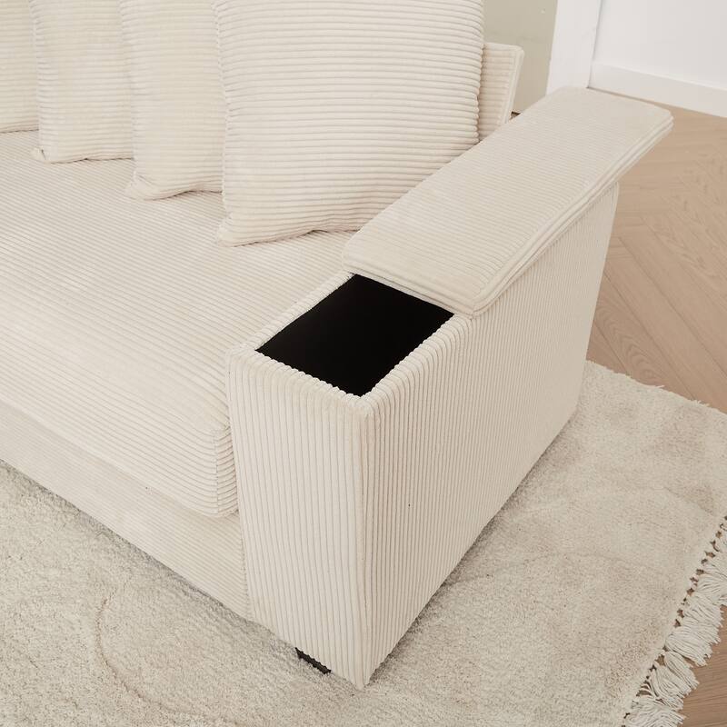 104" Corduroy L-Shaped Sectional Sofa with Ottoman Included, 8 Pillows and Armrest Storage